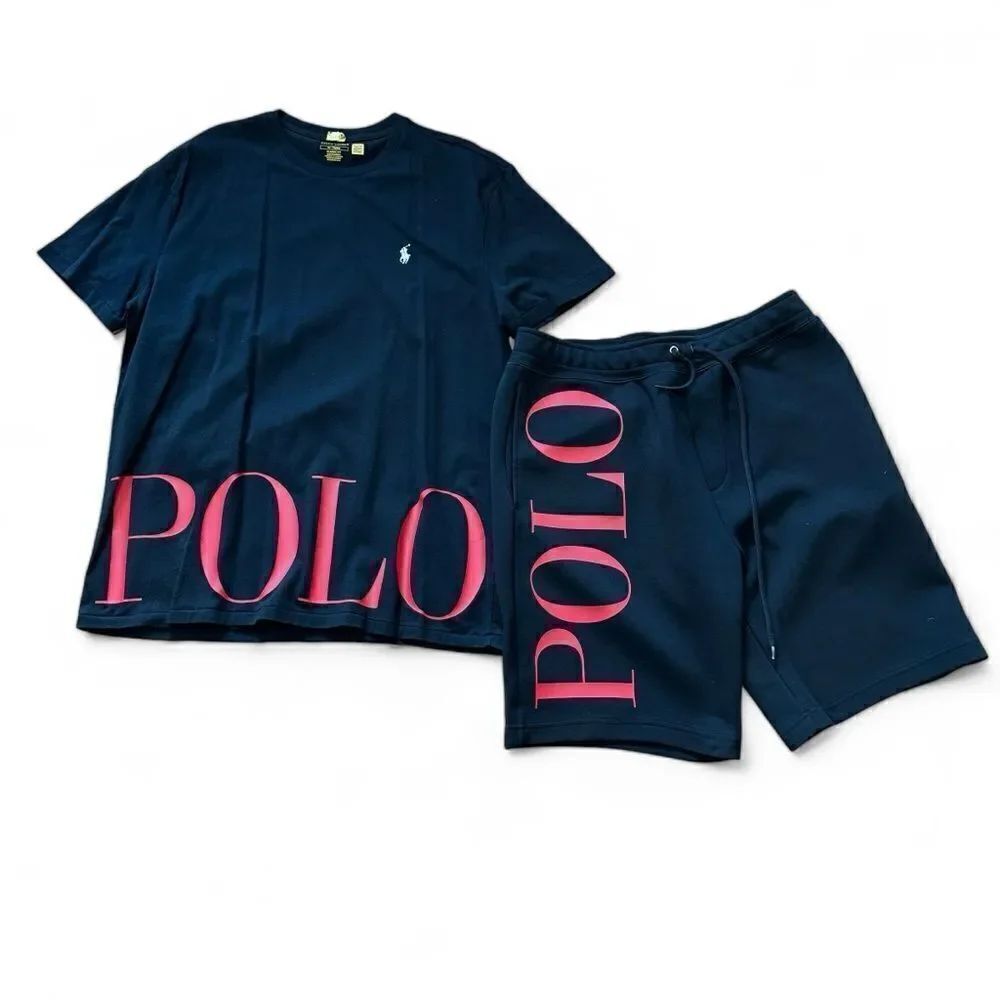 Polo Ralph Lauren Black Red Big Logo T-Shirt and Double Knit Shorts Set Co-Ord